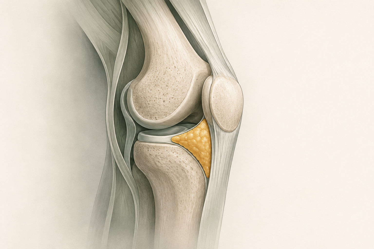Side-view illustration of the knee showing Hoffa’s fat pad behind the tendon below the kneecap