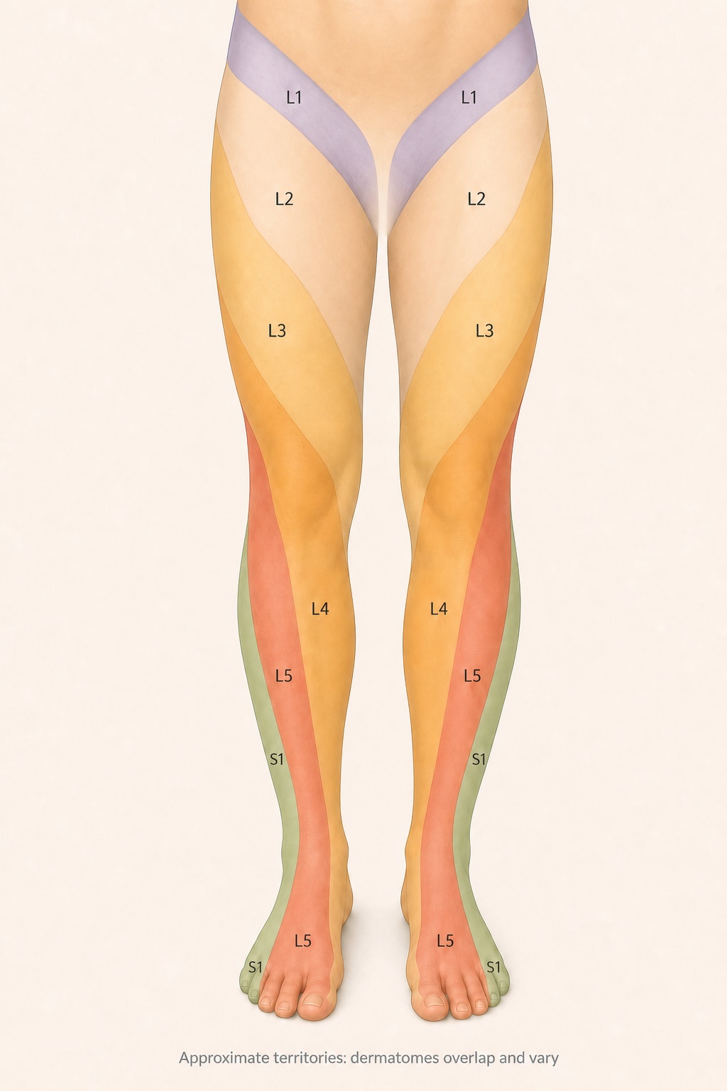 Front-view map showing the approximate areas of the legs supplied by the L1, L2, L3, L4, L5 and S1 nerves