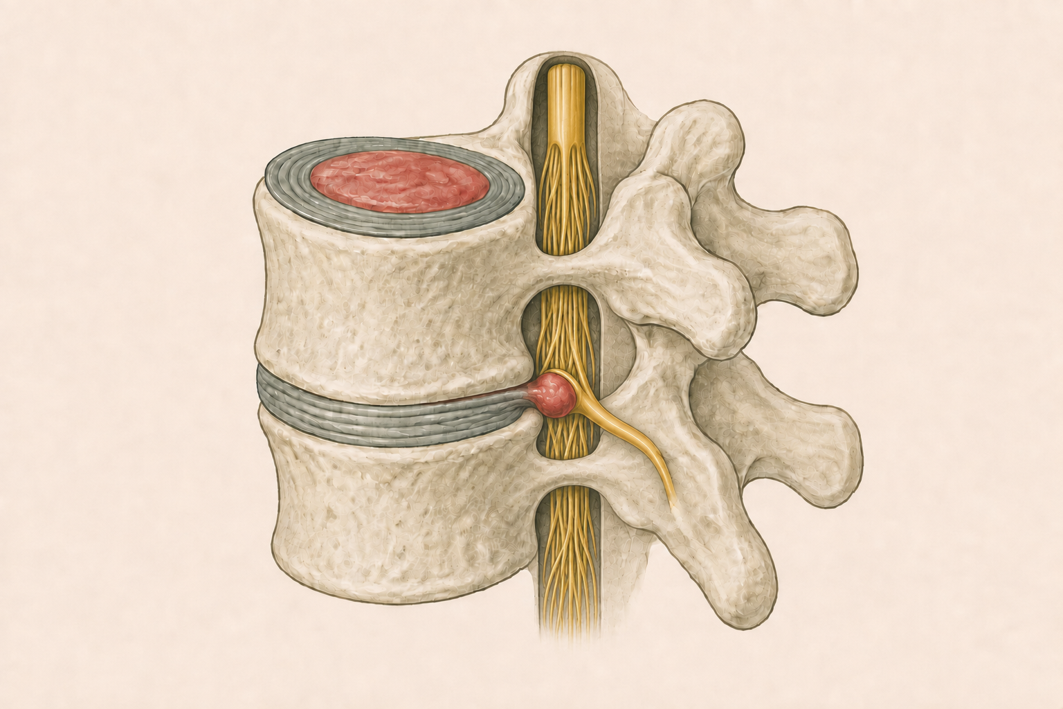 Illustration of a lumbar disc prolapse pressing towards a nearby spinal nerve