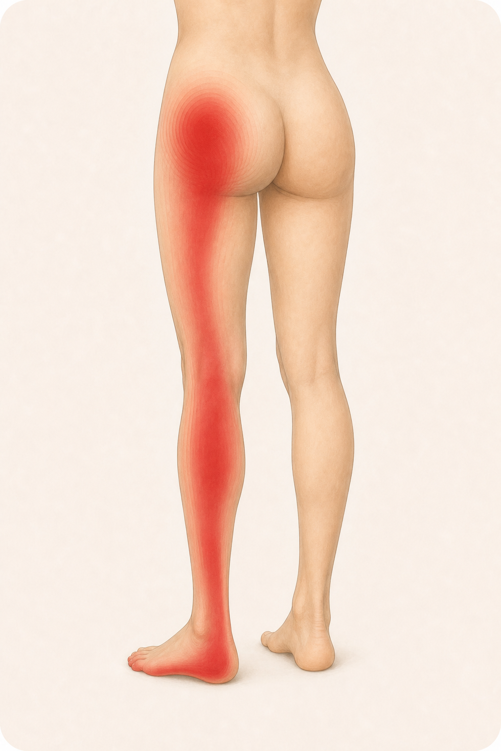 Illustration showing a red sciatica pain pattern travelling from one buttock down one leg